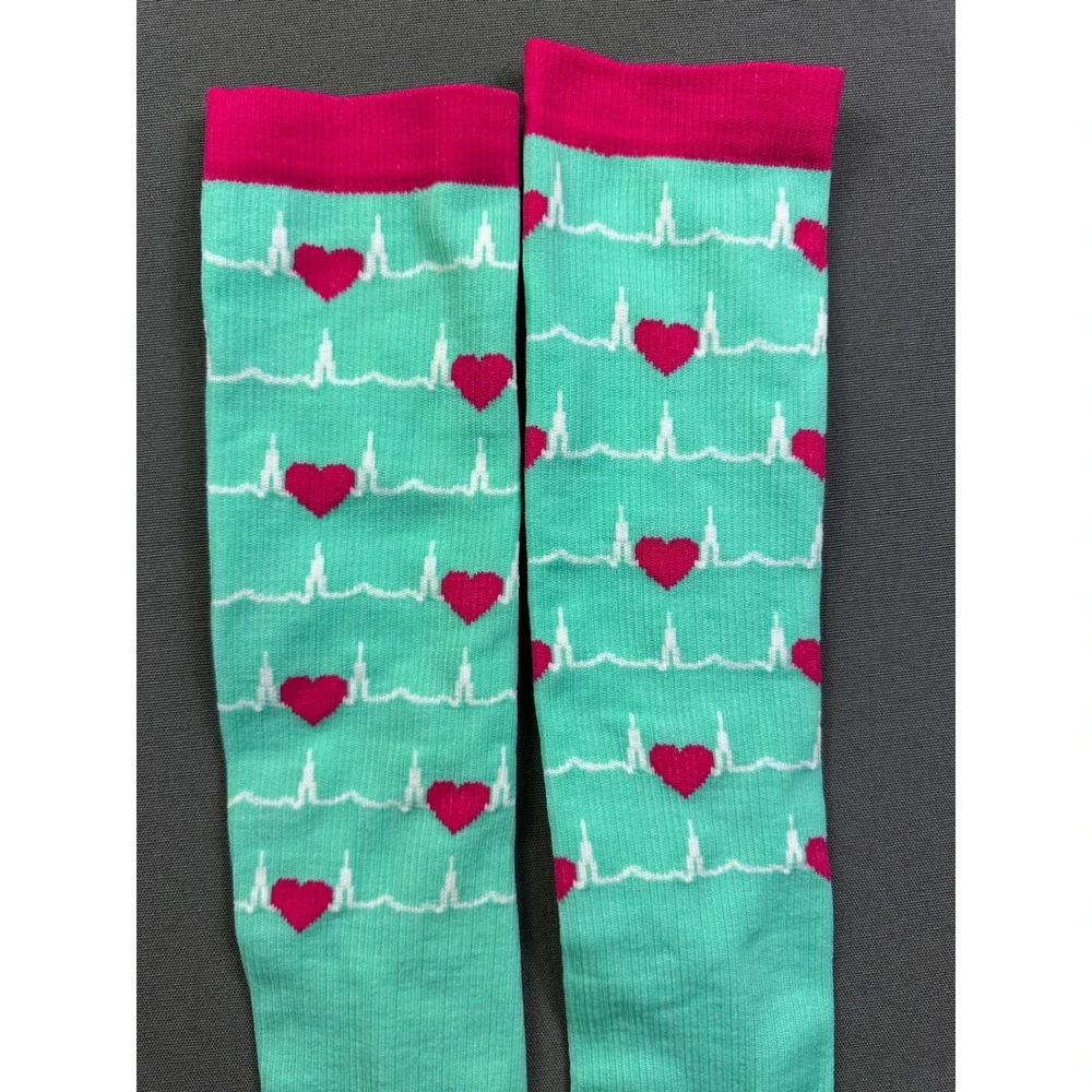 2 pairs Teal Pink EKG Heartbeat Compression Socks Knee High LG/XL Made in USA‎